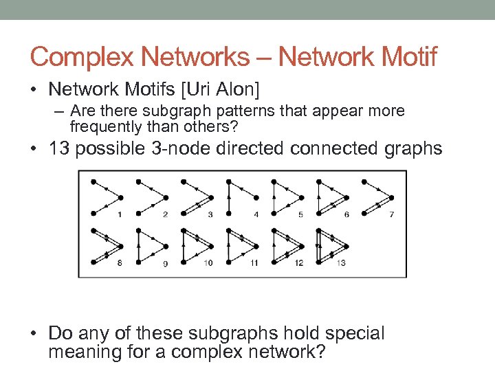 Complex Networks – Network Motif • Network Motifs [Uri Alon] – Are there subgraph
