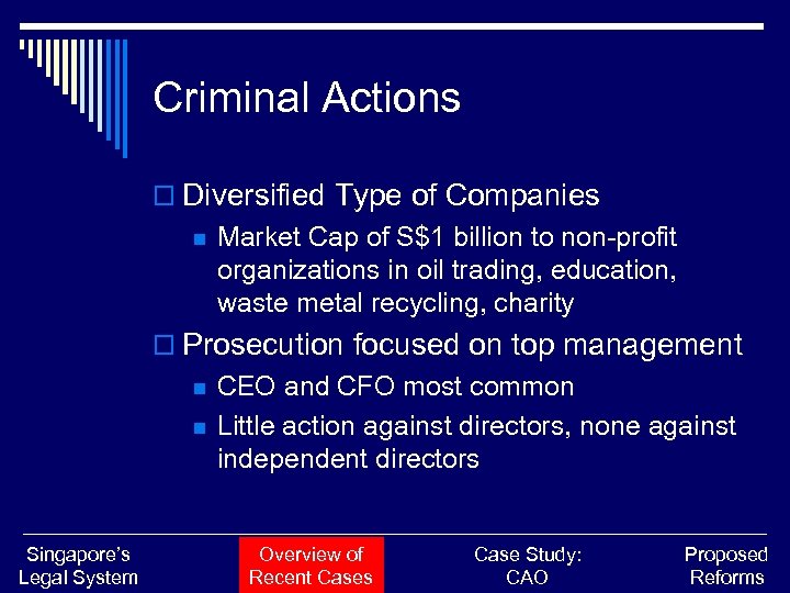 Criminal Actions o Diversified Type of Companies n Market Cap of S$1 billion to