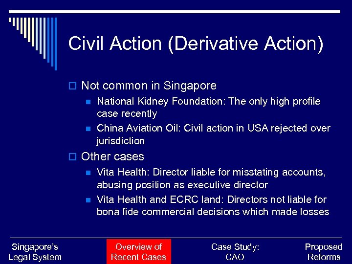 Civil Action (Derivative Action) o Not common in Singapore n National Kidney Foundation: The