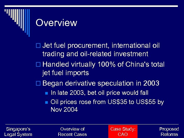 Overview o Jet fuel procurement, international oil trading and oil-related investment o Handled virtually