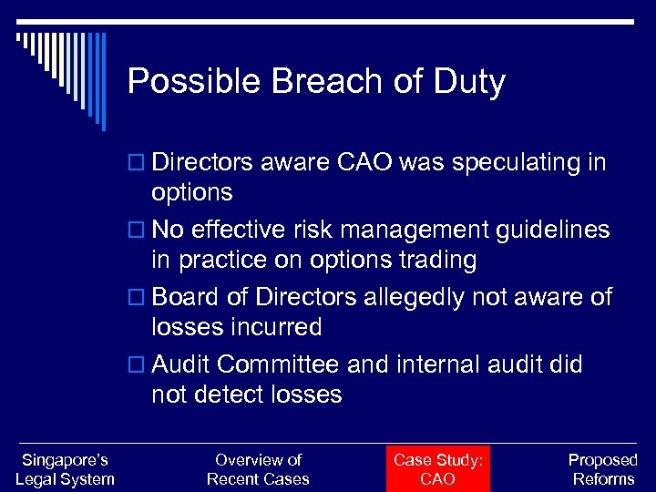 Possible Breach of Duty o Directors aware CAO was speculating in options o No