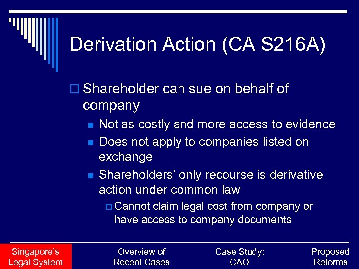 Derivation Action (CA S 216 A) o Shareholder can sue on behalf of company