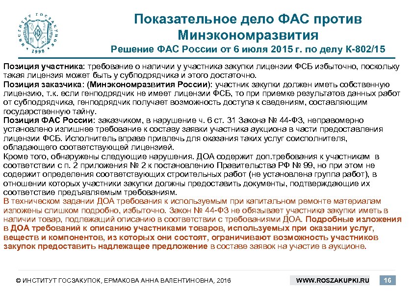 Показательное дело ФАС против Минэкономразвития Решение ФАС России от 6 июля 2015 г. по