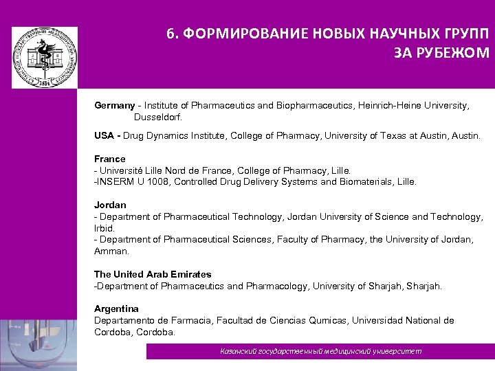 6. ФОРМИРОВАНИЕ НОВЫХ НАУЧНЫХ ГРУПП ЗА РУБЕЖОМ Germany - Institute of Pharmaceutics and Biopharmaceutics,