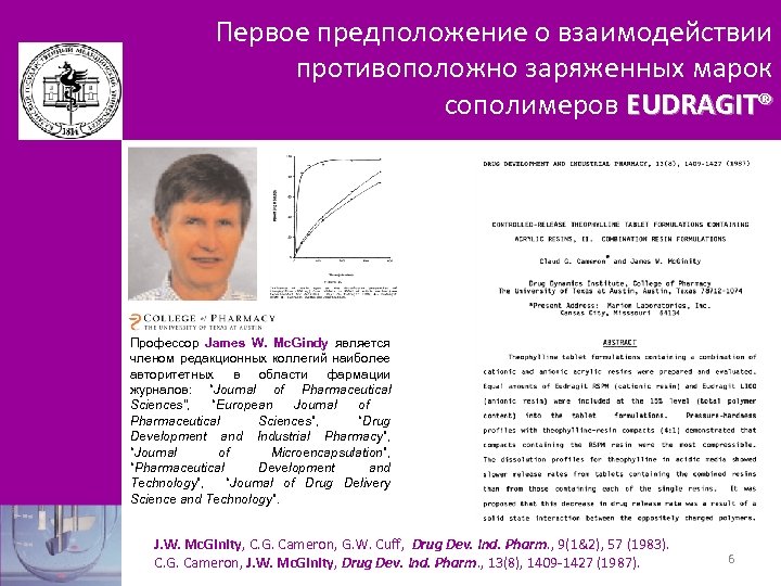 Первое предположение о взаимодействии противоположно заряженных марок сополимеров EUDRAGIT® Профессор James W. Mc. Gindy