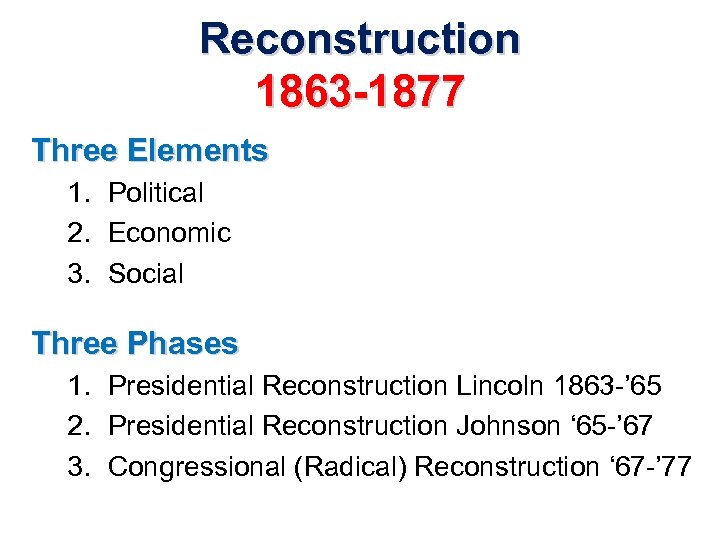 Reconstruction 1863 -1877 Three Elements 1. Political 2. Economic 3. Social Three Phases 1.