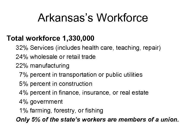 Arkansas’s Workforce Total workforce 1, 330, 000 32% Services (includes health care, teaching, repair)