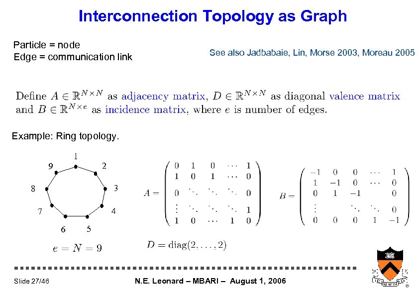 Interconnection Topology as Graph Particle = node Edge = communication link See also Jadbabaie,