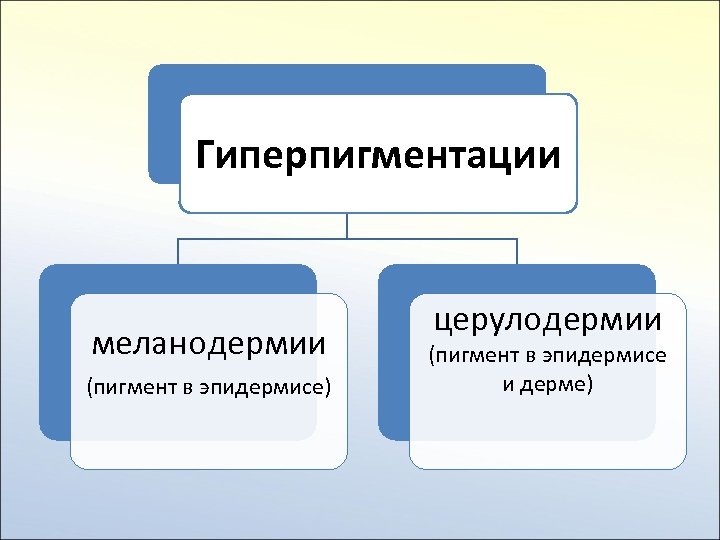 Гиперпигментации меланодермии (пигмент в эпидермисе) церулодермии (пигмент в эпидермисе и дерме) 