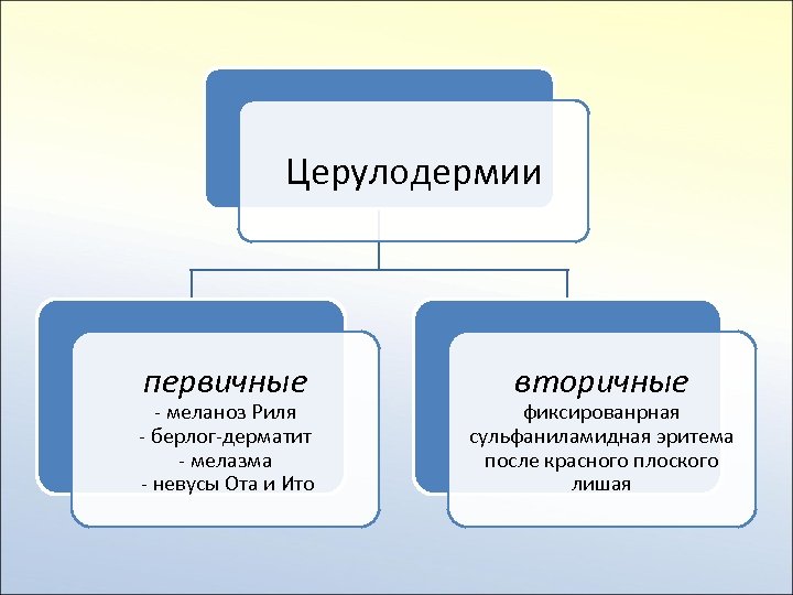 Церулодермии первичные - меланоз Риля - берлог-дерматит - мелазма - невусы Ота и Ито