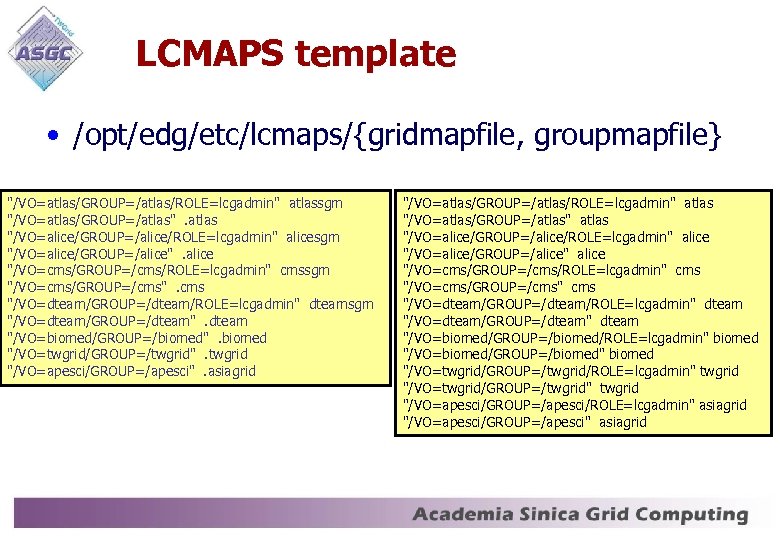 LCMAPS template • /opt/edg/etc/lcmaps/{gridmapfile, groupmapfile} 
