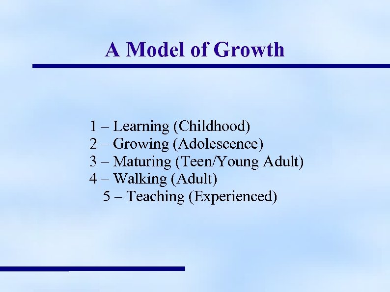 A Model of Growth 1 – Learning (Childhood) 2 – Growing (Adolescence) 3 –