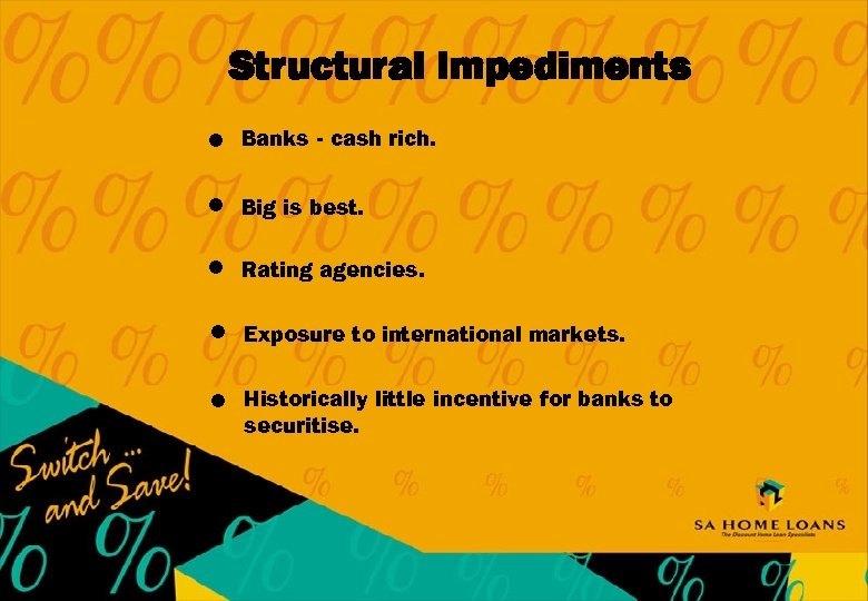Structural Impediments l Banks - cash rich. l Big is best. l Rating agencies.
