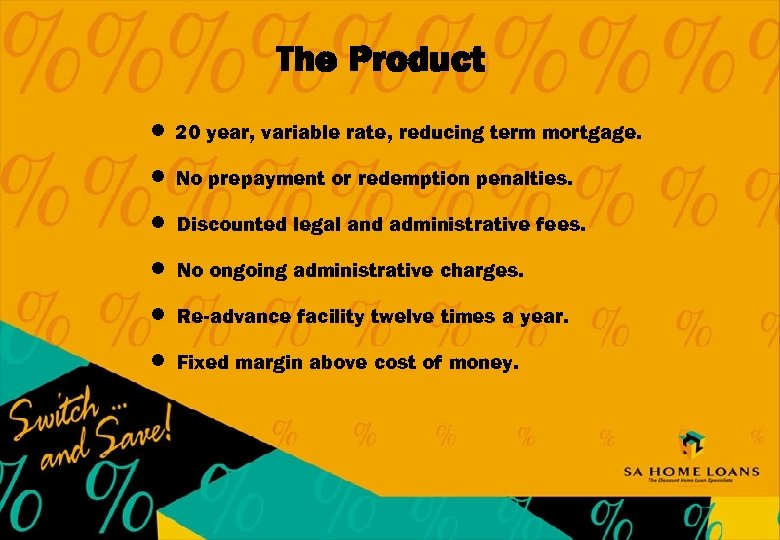 The Product l 20 year, variable rate, reducing term mortgage. l No prepayment or