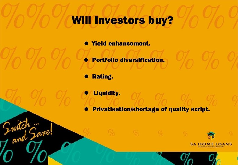 Will Investors buy? l Yield enhancement. l Portfolio diversification. l Rating. l Liquidity. l