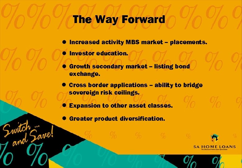 The Way Forward l Increased activity MBS market – placements. l Investor education. l