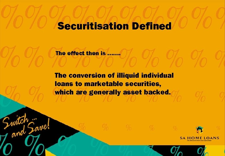 Securitisation Defined The effect then is ……. The conversion of illiquid individual loans to