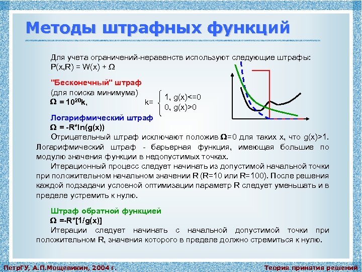 Методы штрафных функций Для учета ограничений-неравенств используют следующие штрафы: P(x, R) = W(x) +