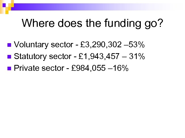 Where does the funding go? Voluntary sector - £ 3, 290, 302 – 53%