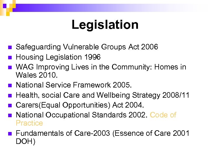 Legislation n n n n Safeguarding Vulnerable Groups Act 2006 Housing Legislation 1996 WAG