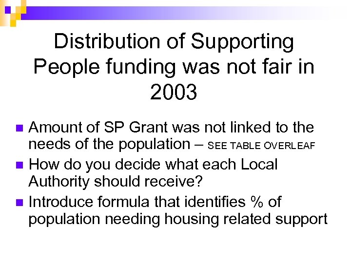 Distribution of Supporting People funding was not fair in 2003 Amount of SP Grant