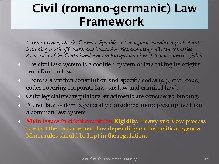 Civil (romano-germanic) Law Framework Former French, Dutch, German, Spanish or Portuguese colonies or protectorates,