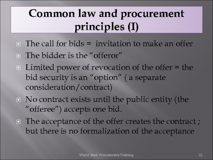 Common law and procurement principles (I) The call for bids = invitation to make