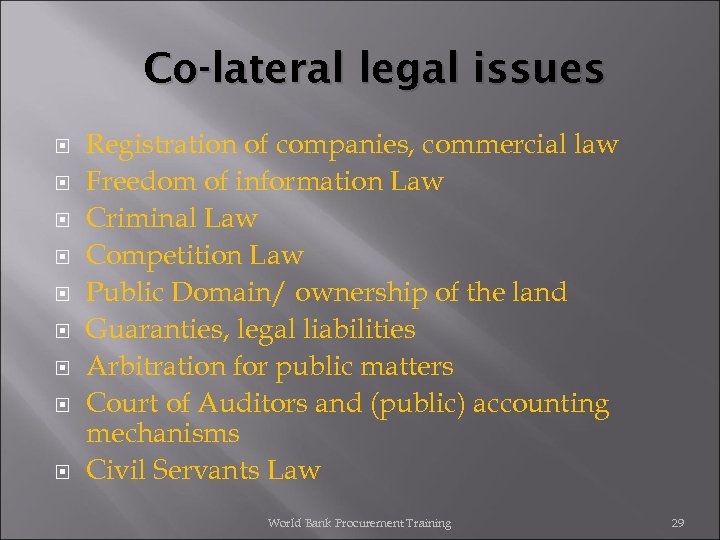 Co-lateral legal issues Registration of companies, commercial law Freedom of information Law Criminal Law