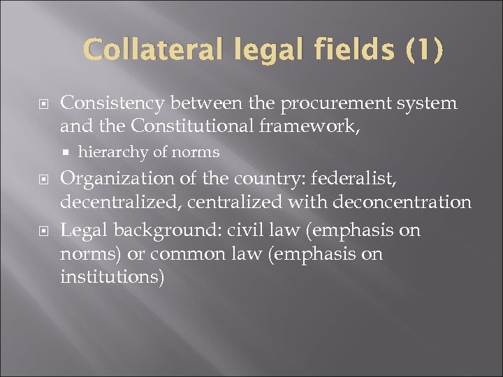 Collateral legal fields (1) Consistency between the procurement system and the Constitutional framework, hierarchy