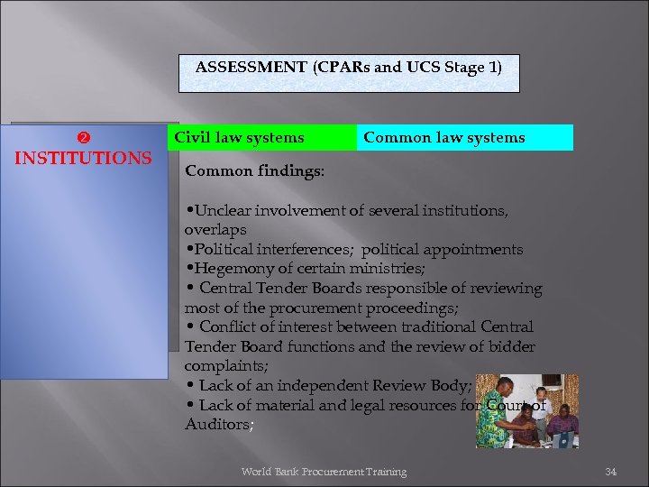 ASSESSMENT (CPARs and UCS Stage 1) INSTITUTIONS Common issues: Civil law systems Common findings: