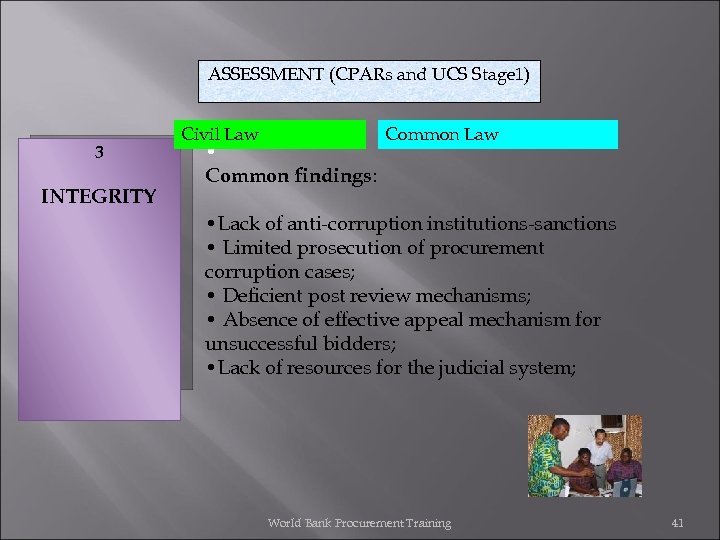 ASSESSMENT (CPARs and UCS Stage 1) 3 INTEGRITY Civil Law • Common Law Common