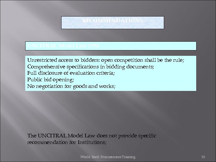 RECOMMENDATIONS UNCITRAL Model Law 1994 Unrestricted access to bidders: open competition shall be the