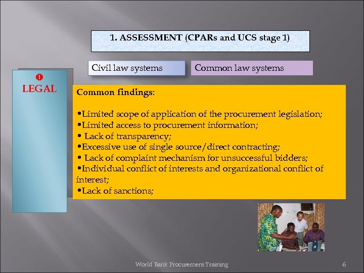 1. ASSESSMENT (CPARs and UCS stage 1) LEGAL Civil law systems Common findings: •