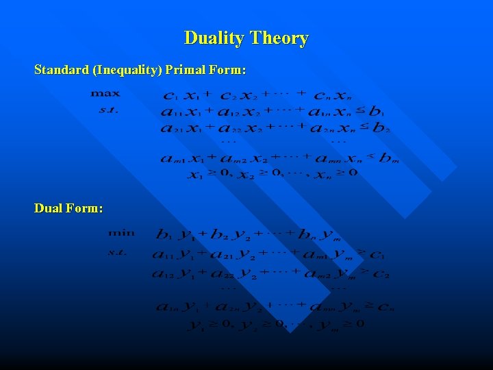 Duality Theory Standard (Inequality) Primal Form: Dual Form: 