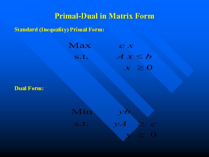 Primal-Dual in Matrix Form Standard (Inequality) Primal Form: Dual Form: 