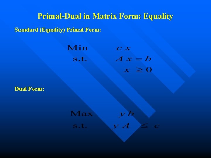 Primal-Dual in Matrix Form: Equality Standard (Equality) Primal Form: Dual Form: 