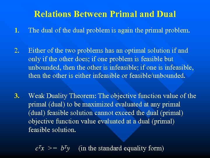 Relations Between Primal and Dual 1. The dual of the dual problem is again