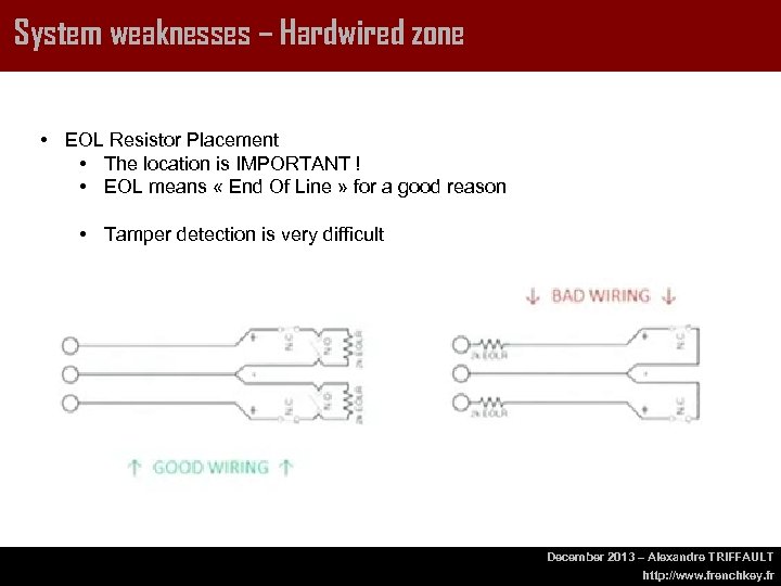 System weaknesses – Hardwired zone • EOL Resistor Placement • The location is IMPORTANT