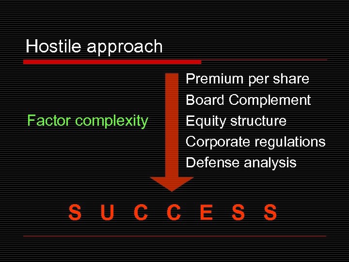 Hostile approach Factor complexity Premium per share Board Complement Equity structure Corporate regulations Defense