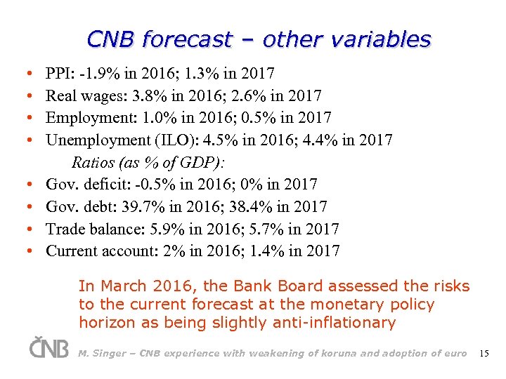 CNB forecast – other variables • • PPI: -1. 9% in 2016; 1. 3%