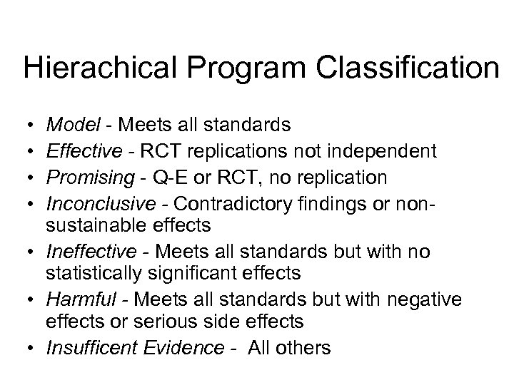 Hierachical Program Classification • • Model - Meets all standards Effective - RCT replications