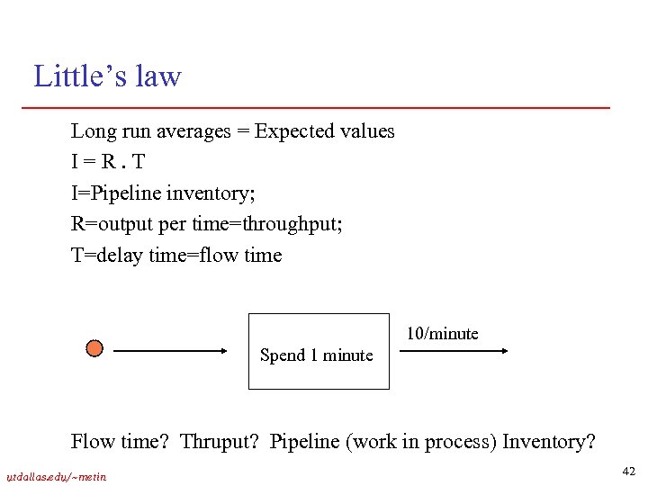 Little’s law Long run averages = Expected values I=R. T I=Pipeline inventory; R=output per