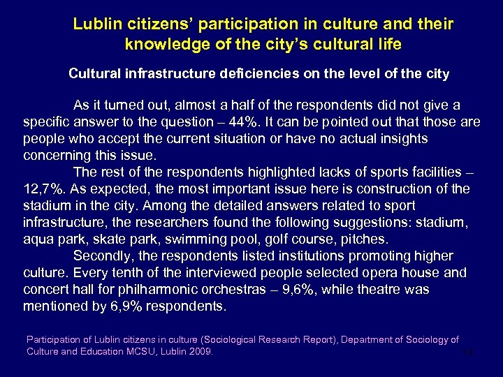 Lublin citizens’ participation in culture and their knowledge of the city’s cultural life Cultural