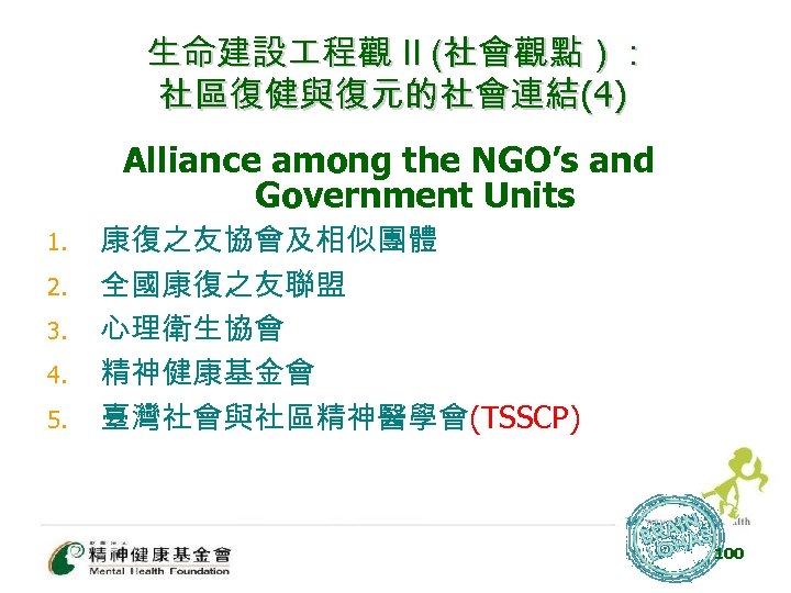 生命建設 程觀 II (社會觀點） : 社區復健與復元的社會連結(4) Alliance among the NGO’s and Government Units 1.