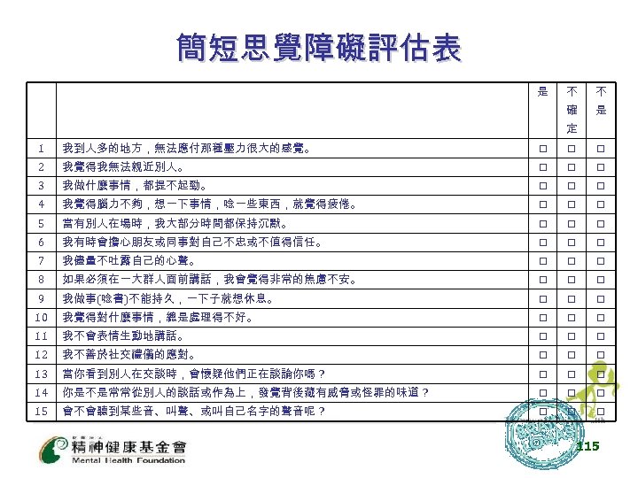 簡短思覺障礙評估表 　 　 是 不 不 　 　 　 確 是 　 　 　