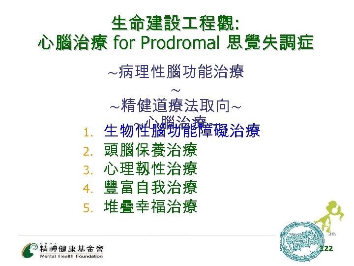生命建設 程觀: 心腦治療 for Prodromal 思覺失調症 1. 2. 3. 4. 5. ~病理性腦功能治療 ~ ~精健道療法取向~