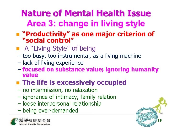 Nature of Mental Health Issue Area 3: change in living style n n “Productivity”