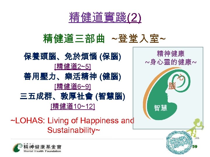 精健道實踐(2) 精健道三部曲 ~登堂入室~ 保養頭腦、免於煩惱 (保腦) [精健道 2~5] 精神健康 ~身心靈的健康~ 善用壓力、樂活精神 (健腦) 腦 [精健道 6~9]