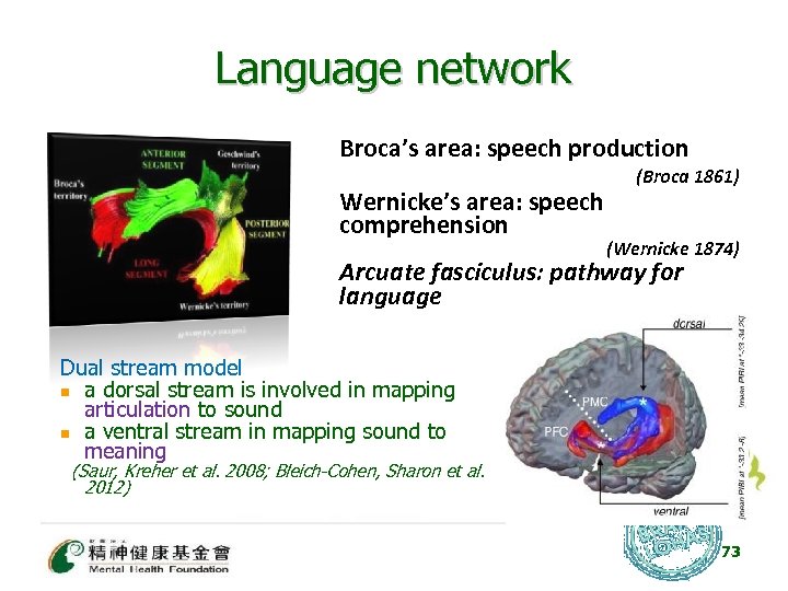 Language network Broca’s area: speech production Wernicke’s area: speech comprehension (Broca 1861) (Wernicke 1874)