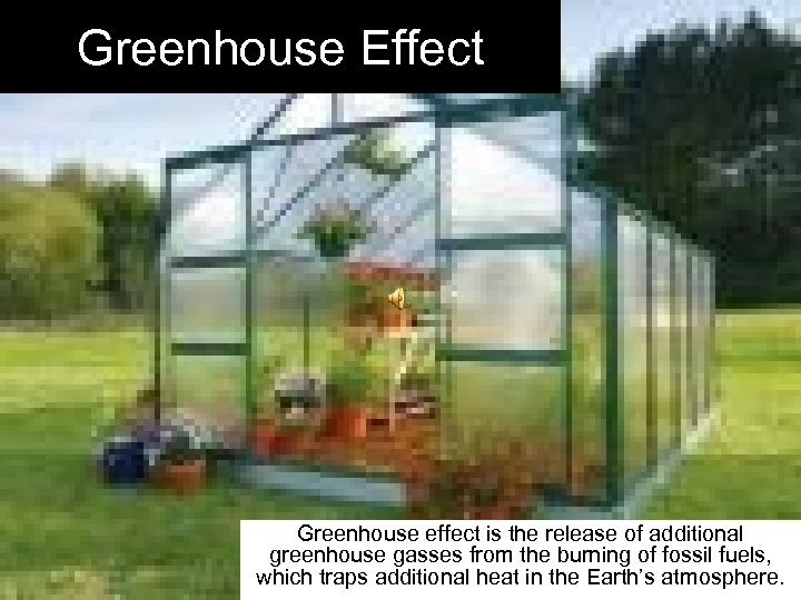 Greenhouse Effect Greenhouse effect is the release of additional greenhouse gasses from the burning